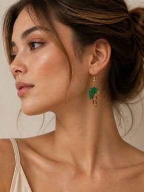 Chic Style Hand Created Green Leaf Dangle Earrings - Gold Accent